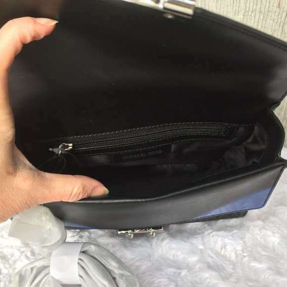 NEW Authentic Michael Kors Sloan Medium Double Flap Leather Satchel Black Blue - Picture 7 of 12